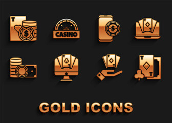 Set Online poker table game, Playing card with diamonds, Hand holding deck of playing cards, Casino chips stacks money cash, and signboard icon. Vector