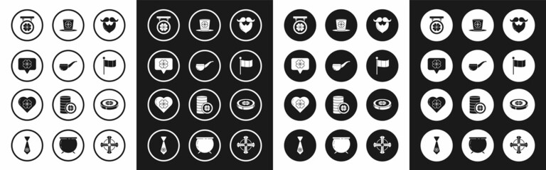 Set Mustache and beard, Smoking pipe, Four leaf clover speech bubble, Street signboard with four, National Ireland flag, Leprechaun hat, Gold coin and Heart icon. Vector