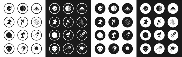 Set Mars rover, Radar, UFO flying spaceship, Planet, Black hole, Earth structure, Satellite and icon. Vector