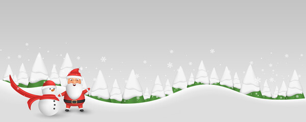 Christmas cartoon concept. Cartoon santa and snowman on the background of decorative fir tree with falling snowflakes. Christmas snow forest. Happy New Year cover