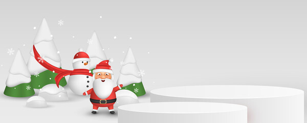 Christmas scene for display your product. Emotional cartoon santa and snowman on the background of decorative fir tree with falling snowflakes. 3d vector podium platform
