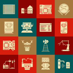 Set Digital door lock with wireless technology for unlock, Bot, Printed circuit board PCB, Robot, User manual, and Software, web developer programming code icon. Vector