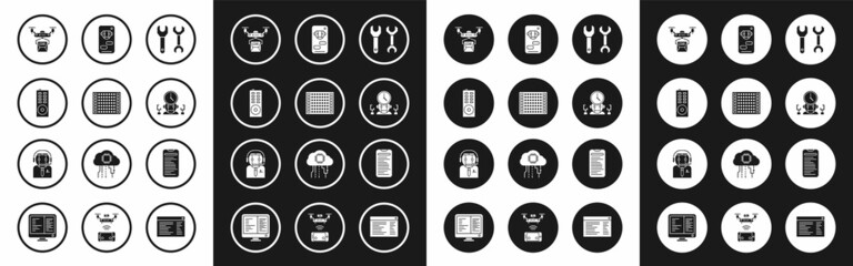 Set Spanner, Printed circuit board PCB, Remote control, Drone delivery concept, Robot and digital time manager, Bot, Computer api interface and Worker robot icon. Vector
