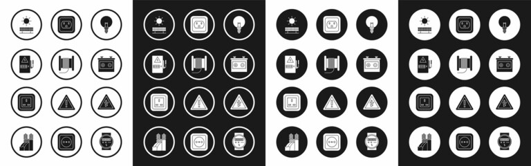 Set Light bulb, Wire electric cable on a reel or drum, Electrical panel, Solar energy and sun, Car battery, outlet in the USA, High voltage sign and icon. Vector