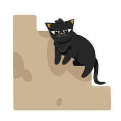 Black cat sitting on the steps. Pet in cartoon style