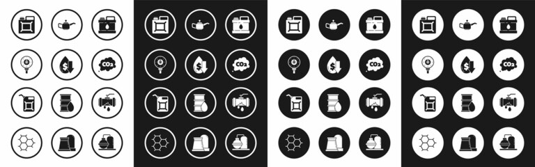 Set Canister for motor machine oil, Drop crude price, Motor gas gauge, gasoline, CO2 emissions cloud, Broken metal pipe with leaking water and icon. Vector