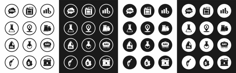 Set Pie chart infographic and dollar, Test tube flask, CO2 emissions cloud, Oil gas industrial factory building, Canister for gasoline, Gas railway cistern and motor machine oil icon. Vector