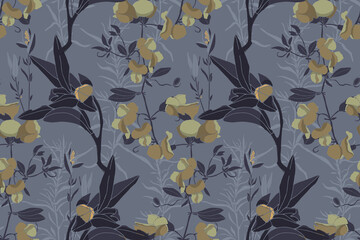Vector floral seamless pattern. Flowers and herbs of gray, olive, bronze and navy colors. Floral elements isolated on a dark blue background.