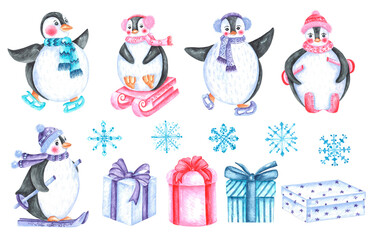 Christmas penguins watercolor illustration set. Funny penguins. Winter sport. Skis, skates, sleds. Pink, purple, blue colors. Christmas, New Year, winter. Christmas gifts, snowflakes. For print.