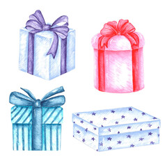 Christmas gifts watercolor illustration. Pink, blue, purple boxes. Illustrations are isolated. Winter, Christmas, New Year's picture. For printing on stickers, postcards, invitations