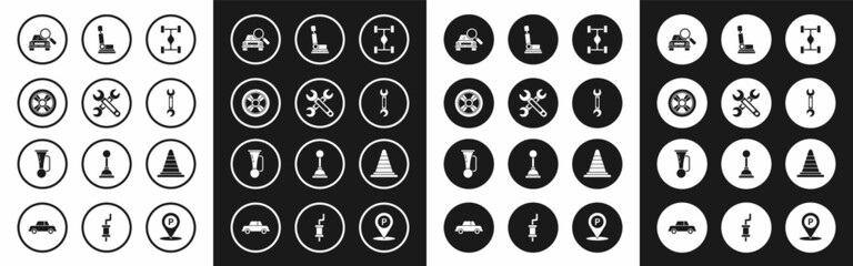 Set Chassis car, Wrench, Car wheel, search, seat, Traffic cone and Signal horn vehicle icon. Vector