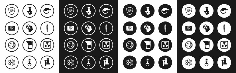 Set Test tube and flask chemical, Human head radiation, Bacteria laptop, Biohazard symbol shield, Tweezers, Radioactive and icon. Vector