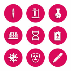 Set DNA symbol, Radioactive in shield, Pipette, Laboratory clipboard with checklist, Bacteria, Test tube and flask chemical, and Tweezers icon. Vector