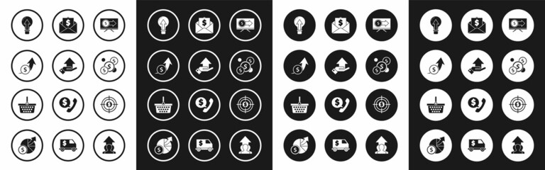 Set Monitor with dollar, Money hand, Financial growth coin, Light bulb, Coin money, Envelope, Target and Shopping basket icon. Vector