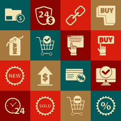 Set Discount percent tag, Computer monitor, Buy button, Chain link, Shopping cart with check mark, Price New, Envelope coin dollar and Online shopping screen icon. Vector