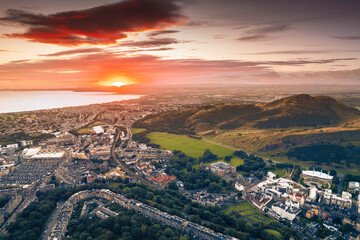 Aerial view of Holyrood Park is the largest of Edinburgh's royal parks. Edinburgh's Holyrood Park popular tourist destinations in the city. People enjoy the beautiful lakes, ponds, natural woodlands