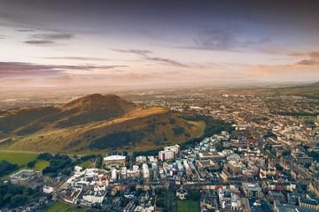 Aerial view of Edinburgh in the morning sunrise. Great view from the top of Arthur's Seat. From...