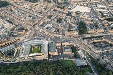 Edinburgh aerial top view. The neo-gothic structures of Edinburgh&rsquo;s historic castle form silhouettes against the sky, providing a romantic view that has attracted visitors for years