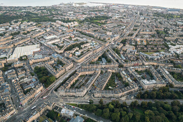 Top aerial view of Edinburgh city overlooking the Old Town. Edinburgh Castle is one of the most important and historic castles in Scotland. Edinburgh Castle has been Edinburgh's dominant landmark