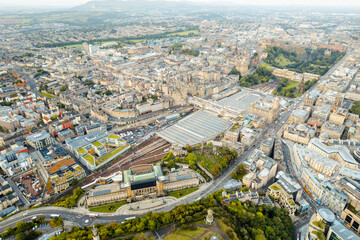 Aerial top Edinburgh view of Waverley, one of Edinburgh's architectural icons located in heart of the city. Waverley station is a beautifully crafted piece of architecture in the centre of Edinburgh