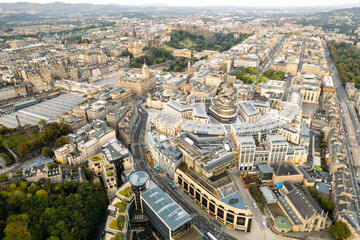 Fototapeta na wymiar Aerial view of Edinburgh, Scotland. Despite being a tourist hot spot, Edinburgh manages to preserve its old architecture while still embracing its modern buildings