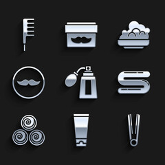 Set Aftershave bottle with atomizer, Cream or lotion cosmetic tube, Curling iron for hair, Towel, rolls, Mustache, Shaving gel foam and Hairbrush icon. Vector