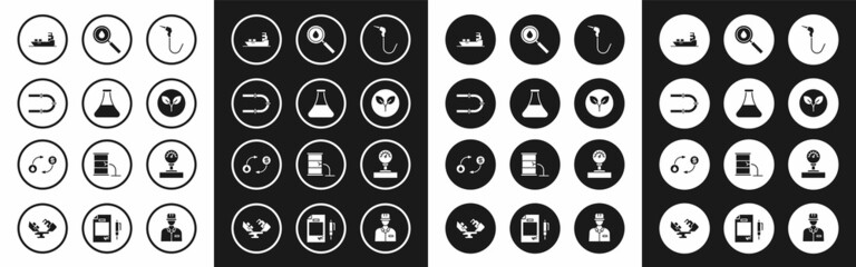 Set Gasoline pump nozzle, Oil petrol test tube, Industry pipe, tanker ship, Bio fuel, drop, Gauge scale and exchange icon. Vector