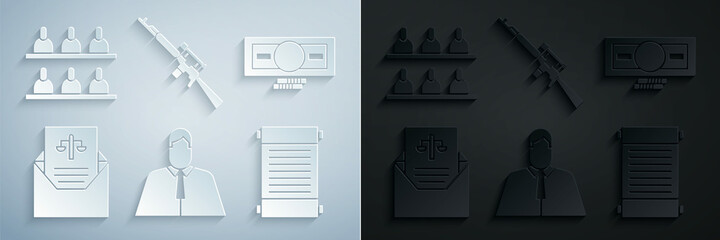 Set Lawyer, attorney, jurist, Stacks paper money cash, Subpoena, Decree, paper, parchment, scroll, Sniper rifle with scope and Jurors icon. Vector