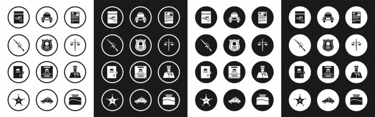 Set Lawsuit paper, Police badge, Sniper rifle with scope, Evidence bag and pistol or gun, Scales of justice, car flasher, officer and icon. Vector
