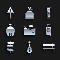 Set Mountains, Guitar, Bench, Suitcase, Road traffic signpost, Canteen water bottle, Flashlight and Exclamation mark triangle icon. Vector