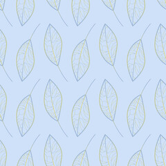 Minimalistic floral pattern on a blue background with silhouettes of leaves