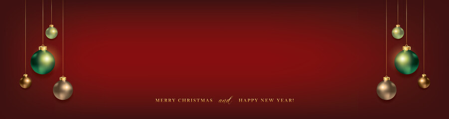 Red Christmas and Happy New Year Holiday Background, banner, greeting card. Christmas green and golden balls, bauble ornaments hanging on gold tinsel. Red Xmas Vector Theme
