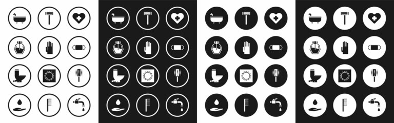 Set Heart with a cross, Rubber gloves, Perfume, Bathtub, Medical protective mask, Shaving razor, Hairbrush and Toilet bowl icon. Vector