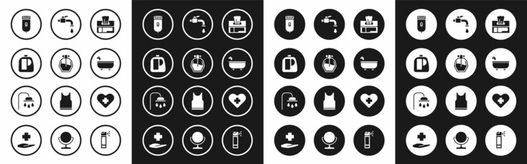 Set Wet wipe pack, Perfume, Bottles for cleaning agent, Electrical hair clipper shaver, Bathtub, Water tap, Heart with cross and Shower head icon. Vector