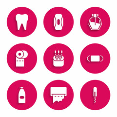 Set Cotton swab for ears, Paper towel dispenser wall, Sanitary tampon, Medical protective mask, Bottle of liquid antibacterial soap, Toilet paper roll, Perfume and Tooth icon. Vector