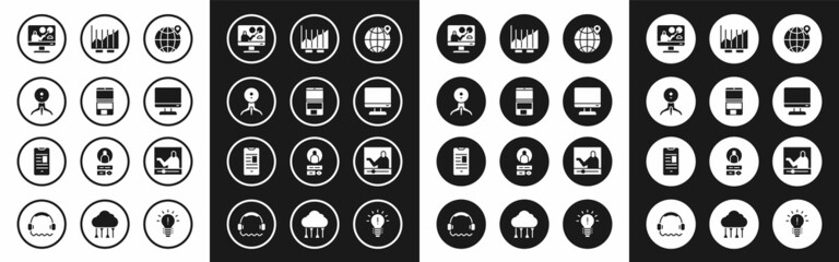 Set Location on the globe, Laptop, Web camera, Online education, Computer monitor screen, Pie chart infographic, and book mobile icon. Vector