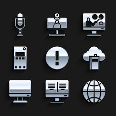 Set Information, Online book monitor, Social network, Cloud online library, Computer screen, Mobile phone, education and Microphone icon. Vector