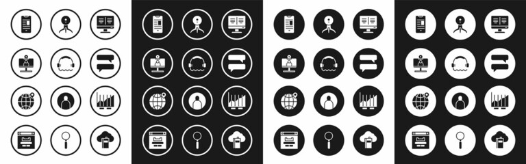 Set Online book on monitor, Headphones, Video chat conference, mobile, Speech bubble, Web camera, Pie chart infographic and Location the globe icon. Vector