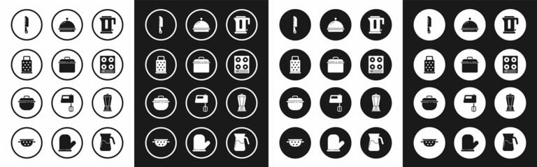 Set Electric kettle, Cooking pot, Grater, Knife, Gas stove, Covered with tray of food, Blender and icon. Vector