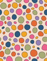 Retro hippie multicolored polka dot seamless repeat pattern. Random placed, vector spots with outlines all over surface print on beige background.