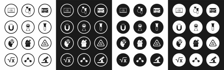 Set Equation solution, Test tube and flask, Magnet, Square root of x glyph, Triangle with radiation and Head symbol icon. Vector