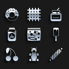 Set Candy packaging for sweets, Jelly bear candy, Ice cream, Cherry, jam jar, Jar of honey and Donut icon. Vector