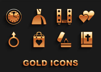 Set Shopping bag with heart, Heart, Holy bible book, Wedding rings, Male gender symbol, Home stereo two speakers, Clock and Woman dress icon. Vector