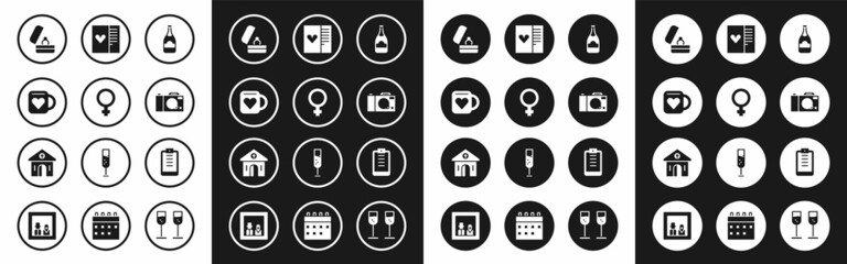 Set Champagne bottle, Female gender symbol, Coffee cup and heart, Wedding rings, Photo camera, Postcard with, Clipboard checklist and Church building icon. Vector