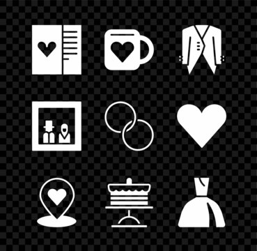 Set Postcard with heart, Coffee cup and, Suit, Location, Cake plate, Woman dress, Family photo and Wedding rings icon. Vector