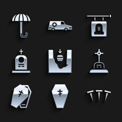 Set Coffin in grave, with cross, Metallic nails, Grave, tombstone, Signboard and Umbrella icon. Vector
