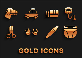 Set Medical rubber gloves, Retractable cord leash, Diaper for dog, Nail file pet, Scissors hairdresser, Towel stack, Dog in muzzle and Pet car taxi icon. Vector