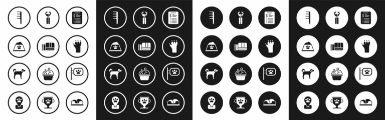 Set Grooming salon price list, Towel stack, Pet food bowl, Hair brush for dog and cat, Paw print, nail clippers, grooming and Dog icon. Vector