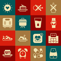 Set Women waist, Gym building, Smart watch, No meat, Cooking pot, Bathroom scales, Sun and Glass with water icon. Vector