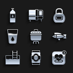 Set Cooking pot, Soda can, Mobile with heart rate, Fish, Swimming pool ladder, Glass water, Kettlebell and Bottle of icon. Vector